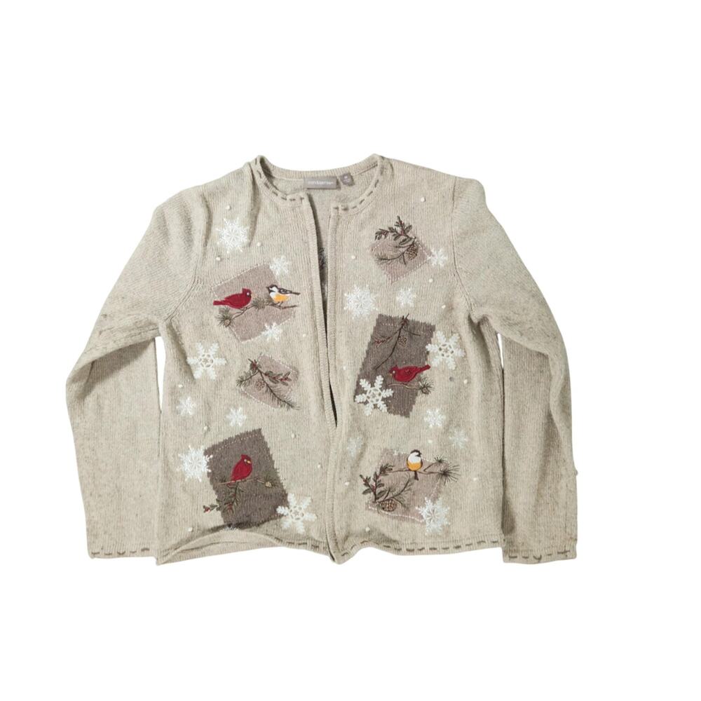 Croft & Barrow Size Medium Cardigan Sweater Cardinals Red Birds Christmas Zip up
